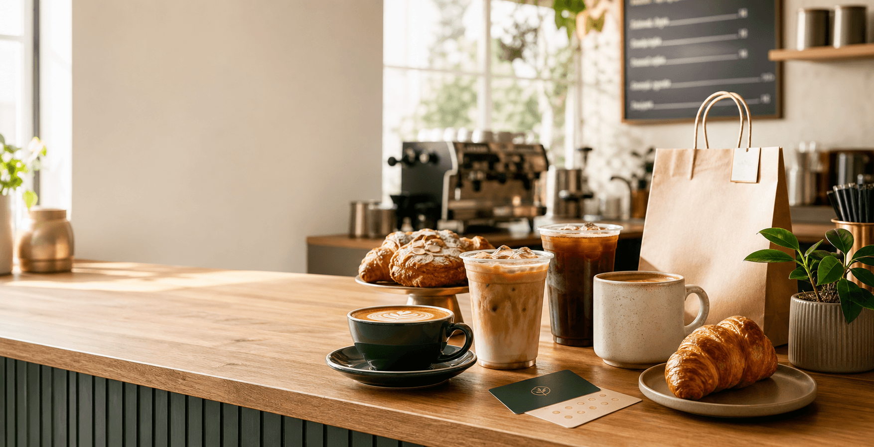 Coffee drinks, pastries, and pickup order items on a bright cafe counter